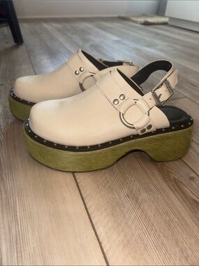 FARM Rio Ivory harness Slingback Clogs with Green calf hair Platform